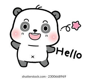 Cute Cartoon Little Panda Say Hello, flat cartoon style.