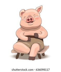 Cute cartoon little pig character sitting and laughing
