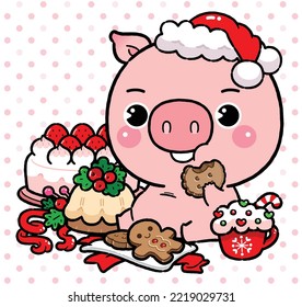Cute Cartoon Little Pig Enjoys Eating Gingerbread Cookies, Christmas Bakery and Food, Merry Christmas Party, Happy New year congratulation design.