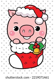 Cute Cartoon Little Pig inside Christmas socks, Merry Christmas Theme.
