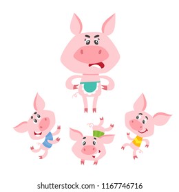 Cute cartoon little pigs dancing and swearing mom-pig isolated on white. Vector set of cartoon animal characters, pigs family used for poster, book, card.