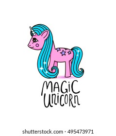 Cute cartoon little pink horse with blue hair, beautiful unicorn princess character, vector kids illustration isolated on white. My little pony svg