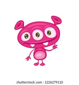 Cute Cartoon Little Pink Monster Isolated on White Background. Funny Virus, Bacteria Character Illustration