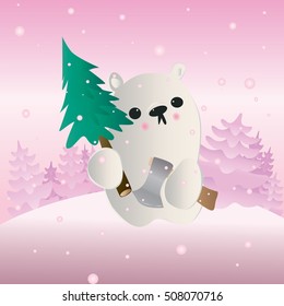 Cute Cartoon Little Polar Bear with Axe and Spruce in Winter Forest