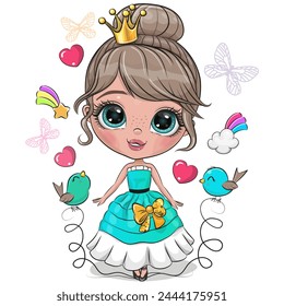 Cute Cartoon Little Princess in a blue dress on a white background