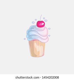 Cute cartoon little princess cupcake illustration with cherry. Cream pink, cherry cake for little princess. Cute cupcake icon isolated. Cartoon cupcake with cherry