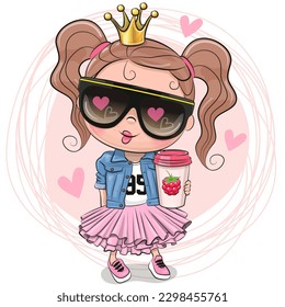 Cute Cartoon Little Princess in einer Denim-Jacke und Sonnenbrille einzeln auf weißem Hintergrund