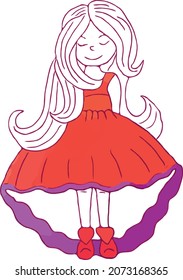 Cute cartoon Little Princess in a dress with long hairs. Flat vector illustration.
