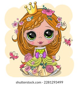 Cute Cartoon Little Princess in a green dress with flowers on a yellow background