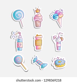 Cute cartoon little princess icon set - sweets sweet ice cream, cake, cocktails, donut and lollipop. Cute girly sweets - icon stickers in one collection