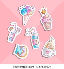 Cute cartoon little princess icon set - sweets sweet ice cream, cake, cocktails, donut and lollipop. Cute girly sweets - icon stickers in one collection
