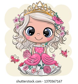 Cute Cartoon Little Princess in a pink dress with flowers on a yellow background