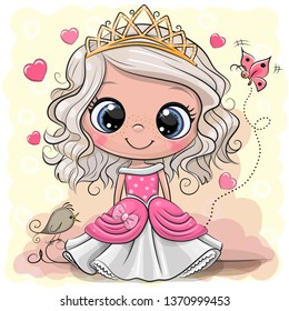 Cute Cartoon Little Princess in a pink dress with bird isolated on a yellow background