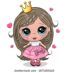 Cute Cartoon Little Princess in a pink dress with hearts isolated on a white background