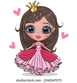 Pequeña Princesa de Caricatura en un vestido rosa con corazones aislados en un fondo blanco