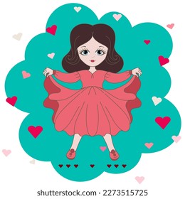 Cute Cartoon Little Princess in a pink dress with hearts isolated on a white background.Vector illustration.