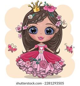 Pequeña Princesa de Caricatura con un vestido rosa con flores en un fondo amarillo