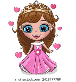 Pequeña Princesa de Caricatura en un vestido rosa con corazones aislados en un fondo blanco