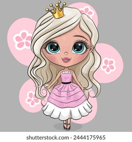 Cute Cartoon Little Princess in a pink dress on a gray background