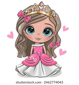 Cute Cartoon Little Princess in a pink dress with hearts isolated on a white background