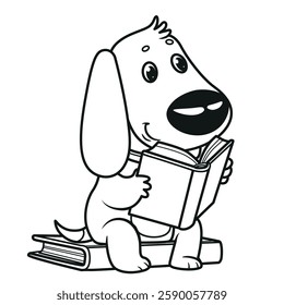 Cute cartoon little puppy in a collar sit and read a book on a white background