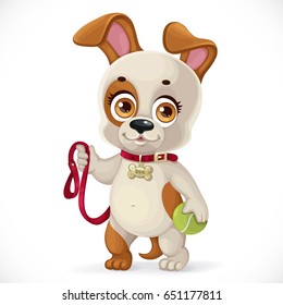 Cute cartoon little puppy holding a tennis ball and wants to walk isolated on  white background