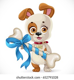 Cute cartoon little puppy holding a big bone bandaged with gift bow isolated on a white background