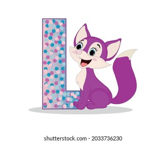 Cute Cartoon little purple fox with alphabet letter L. Perfect for greeting cards, party invitations, posters, stickers, pin, scrapbooking, icons.