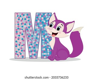 Cute Cartoon little purple fox with alphabet letter M. Perfect for greeting cards, party invitations, posters, stickers, pin, scrapbooking, icons.