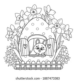 Cute cartoon little rabbit looks out the window in an Easter egg house surrounded by flowers outlined on white background