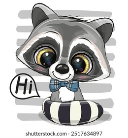 Bonitinho Desenho Animado Little Raccoon com gravata borboleta no fundo listrado