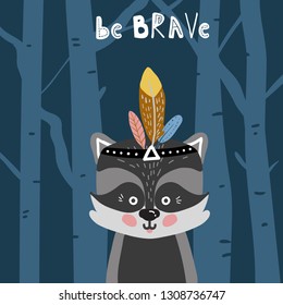 Cute cartoon little raccoon Childish print for nursery