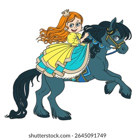 Cute cartoon little red haired princess riding on black horse that bucks front hooves