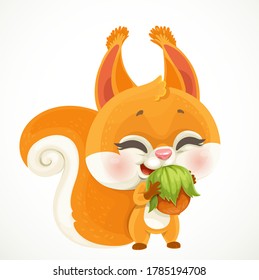 Cute cartoon little red squirrel with hazelnuts in paws isolated on white background
