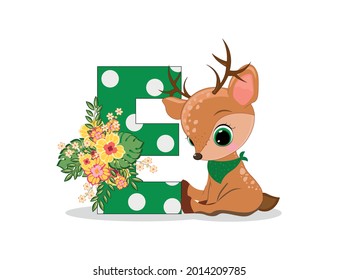 Cute Cartoon little reindeer with letter E. Perfect for greeting cards, party invitations, posters, stickers, pin, scrapbooking, icons.