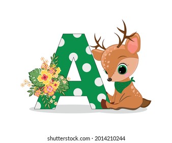 Cute Cartoon little reindeer with letter A. Perfect for greeting cards, party invitations, posters, stickers, pin, scrapbooking, icons.