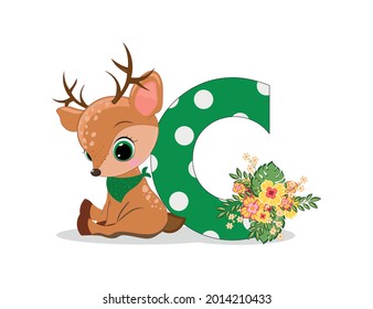 Cute Cartoon little reindeer with letter C. Perfect for greeting cards, party invitations, posters, stickers, pin, scrapbooking, icons.