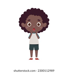 Cute cartoon little scary african girl. Little schoolgirl character show facial expression. Vector illustration.