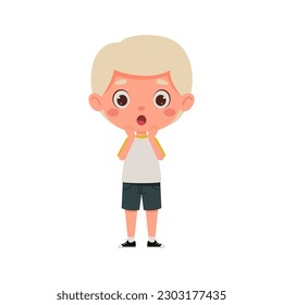 Cute cartoon little scary boy with blond hair. Little schoolboy character show facial expression. Vector illustration.