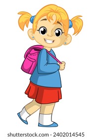 Cute cartoon little schoolgirl. Vector 
illustration of a teenager with backpack.