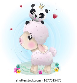 Cute cartoon little sheep and Panda.watercolor.
