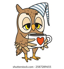 Cute cartoon little sleepy owl with big cup cf coffee or tea on white background