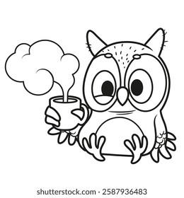 Cute cartoon little sleepy owl with cup cf coffee or tea outlined isolated on white background