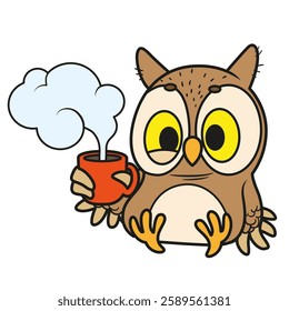 Cute cartoon little sleepy owl with cup cf coffee or tea isolated on white background