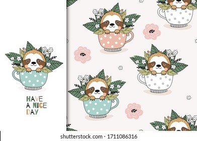 Cute cartoon little sloth character. Card and seamless pattern set. Hand drawn textile design illustration. Surface design.