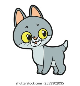 Cute cartoon little smoky gray kitten on a white background. Image produced without the use of any form of AI software at any stage.