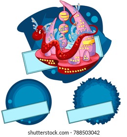 Cute cartoon little  space monster. Set of 
stickers. Template for stickers, messages, 
advertisements. Fantasy animals collection. Vector comic 
pet icons, isolated on white.      