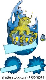 Cute cartoon little space monster. Set of stickers. Template for stickers, messages, advertisements. Fantasy animals collection. Vector comic pet icons, isolated on white.                            
