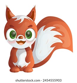 Cute cartoon little squirrel with big green eyes on a white background. Sticker, postcard. Vector image.