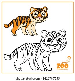 Cute cartoon little striped tiger color and outlined on a white background for coloring page